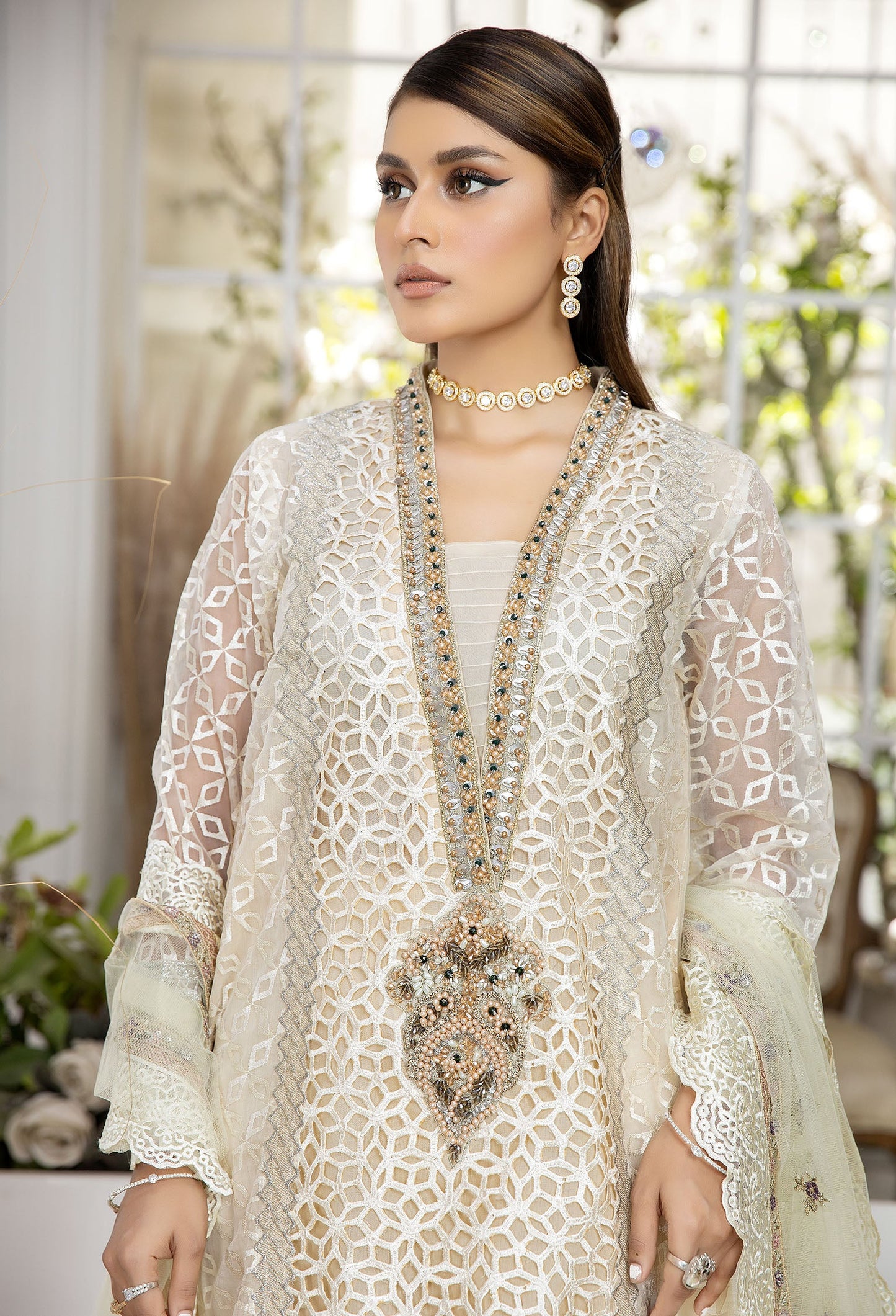 Ecru White - Embroidered Organza Pret