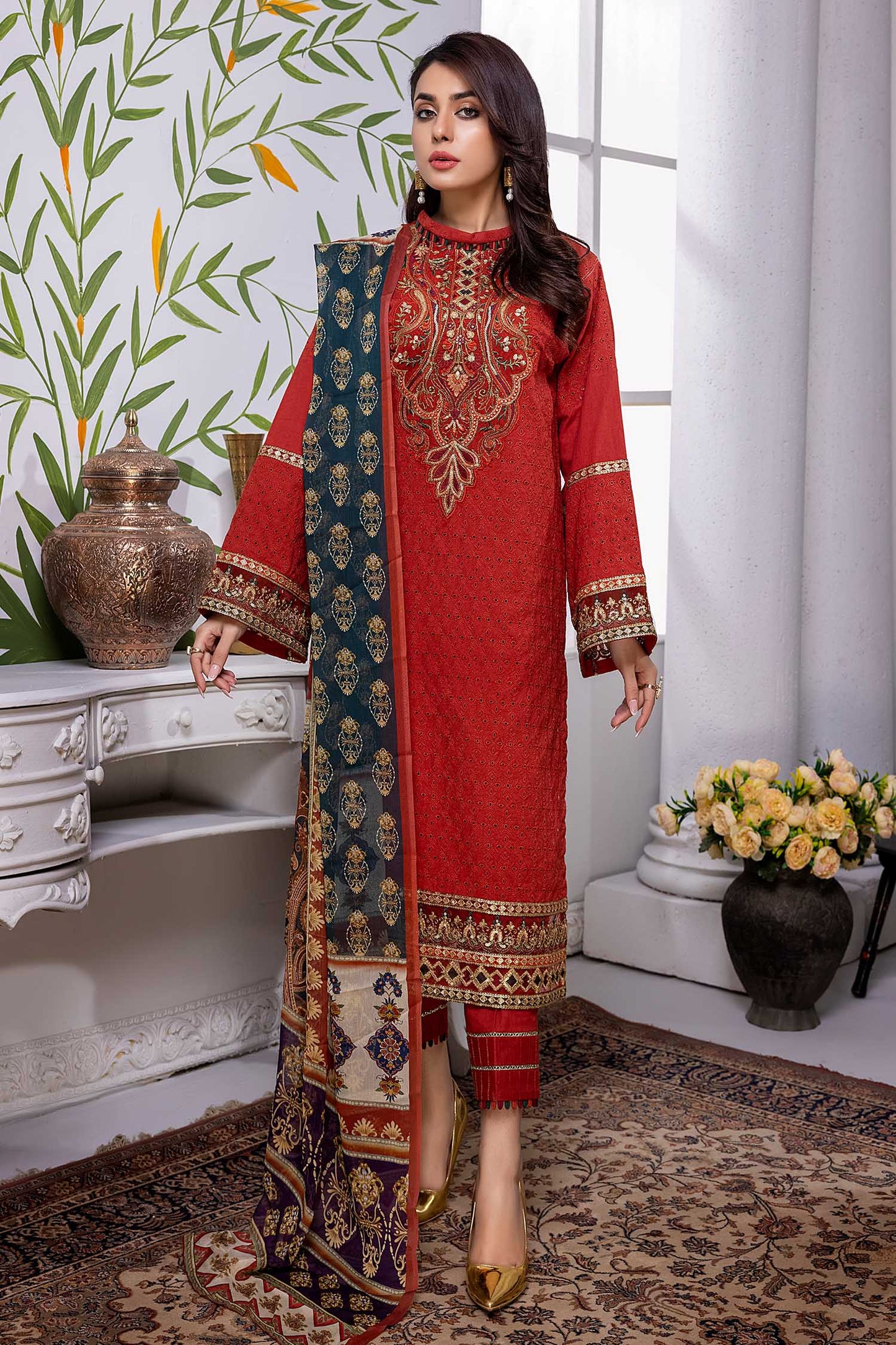 Cornell Red - Chikankari Embroidered Lawn Stitched 3PC