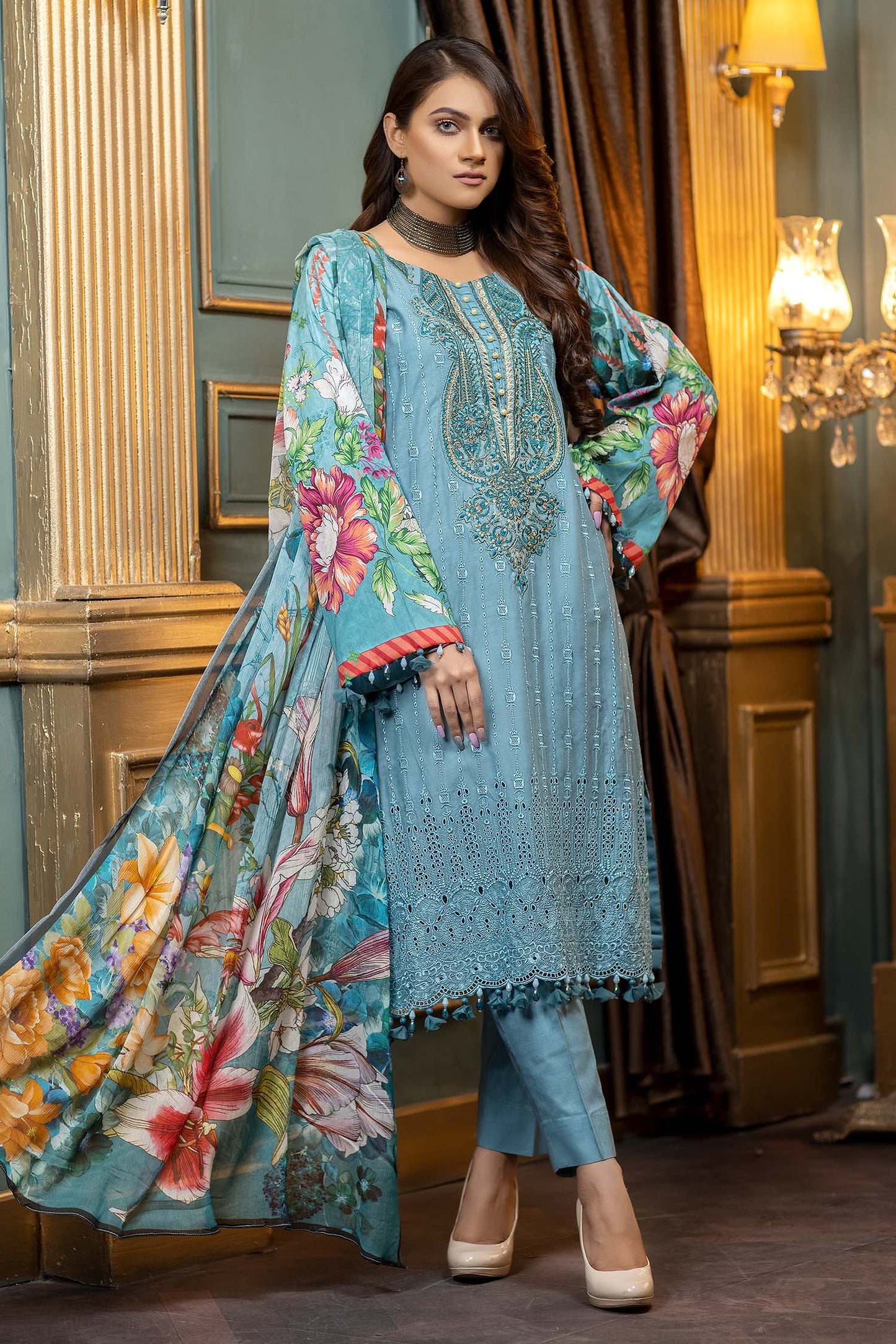 Grey Blue - Embroidered & Printed Lawn