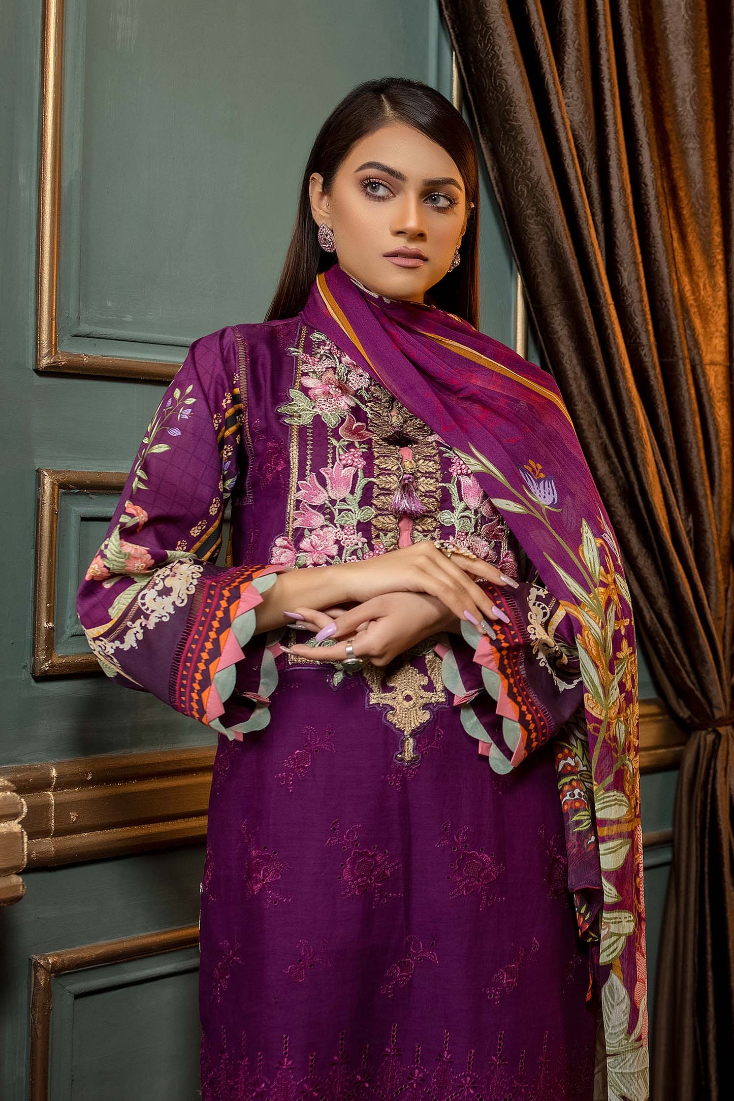 Deep Violet - Stitched Printed & Embroidered Lawn