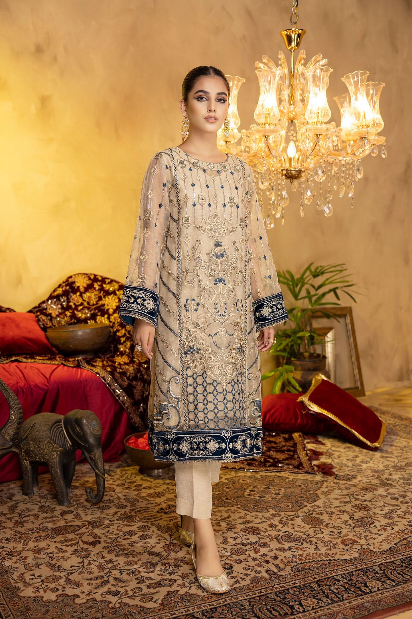 Diamond Dart - Embroidered Zari net Stitched 2PC