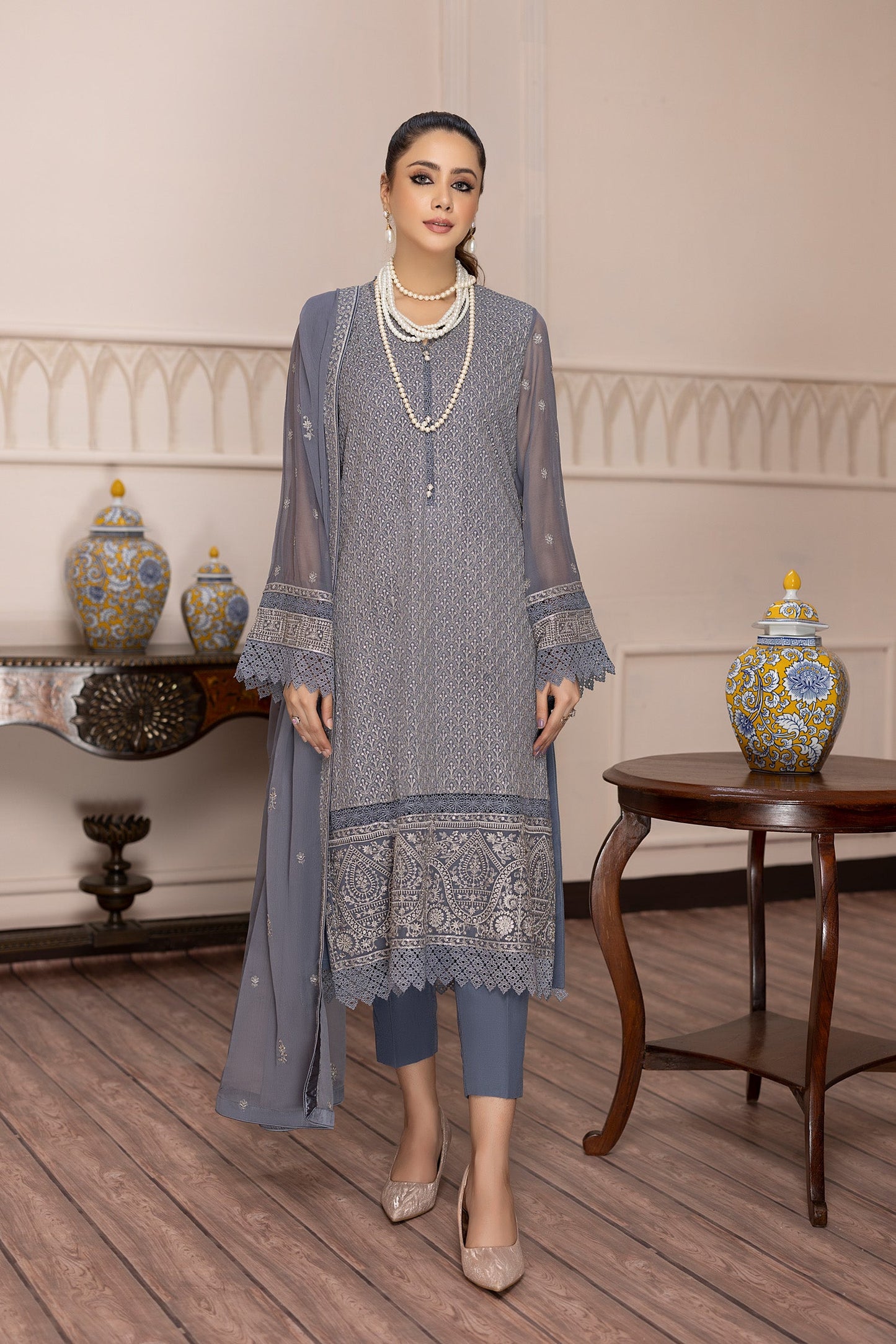 Mist Grey - Embroidered Chiffon Pret 3PC