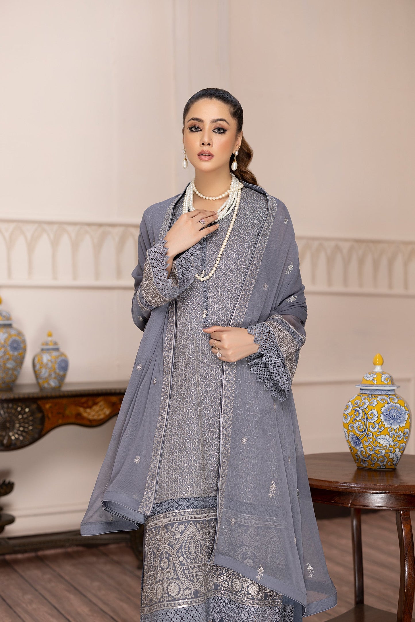 Mist Grey - Embroidered Chiffon Pret 3PC