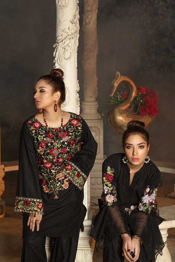 Erubescent Black - Premium Embroidered Jacquard Unstiched Lawn Kurti