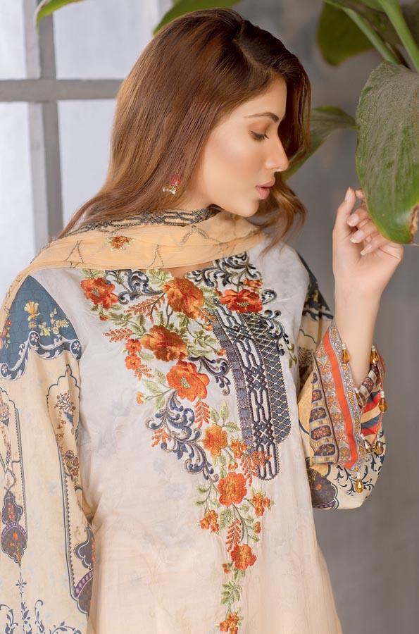 Light Brown - Digital Printed Embroidered Lawn With Chiffon Dupatta