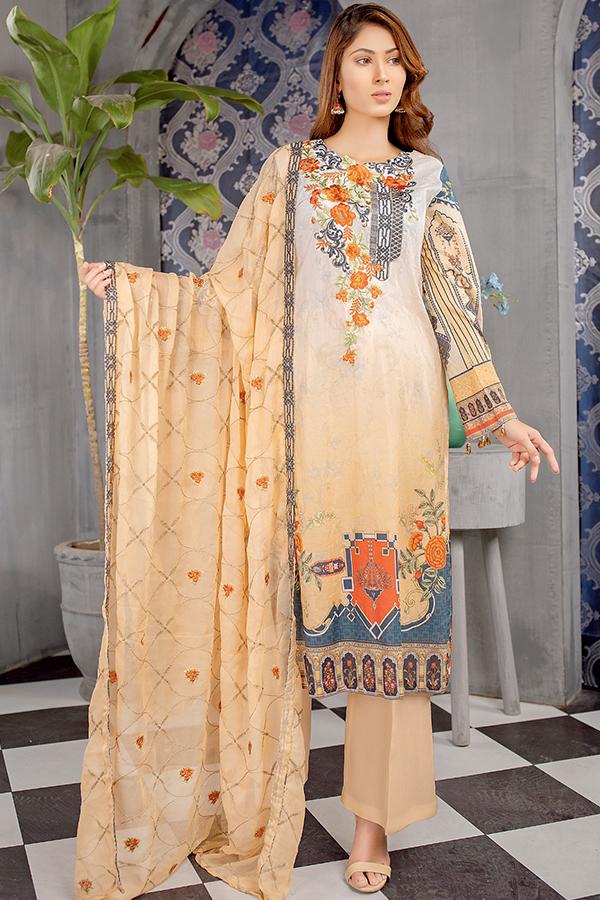 Light Brown - Digital Printed Embroidered Lawn With Chiffon Dupatta