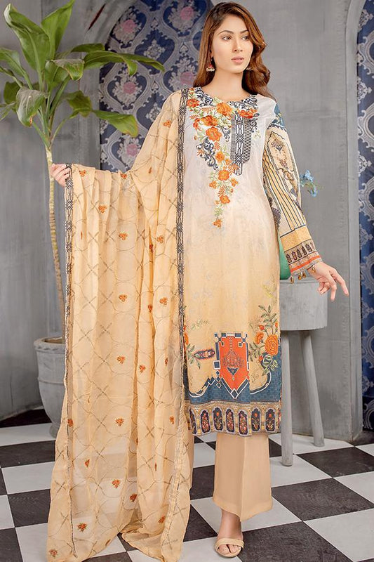 Light Brown - Digital Printed Embroidered Lawn With Chiffon Dupatta
