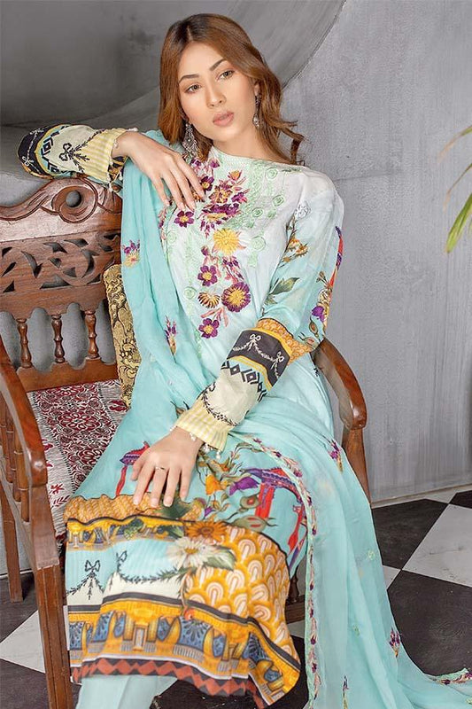 Carulean - Digital Printed Embroidered Lawn With Chiffon Dupatta