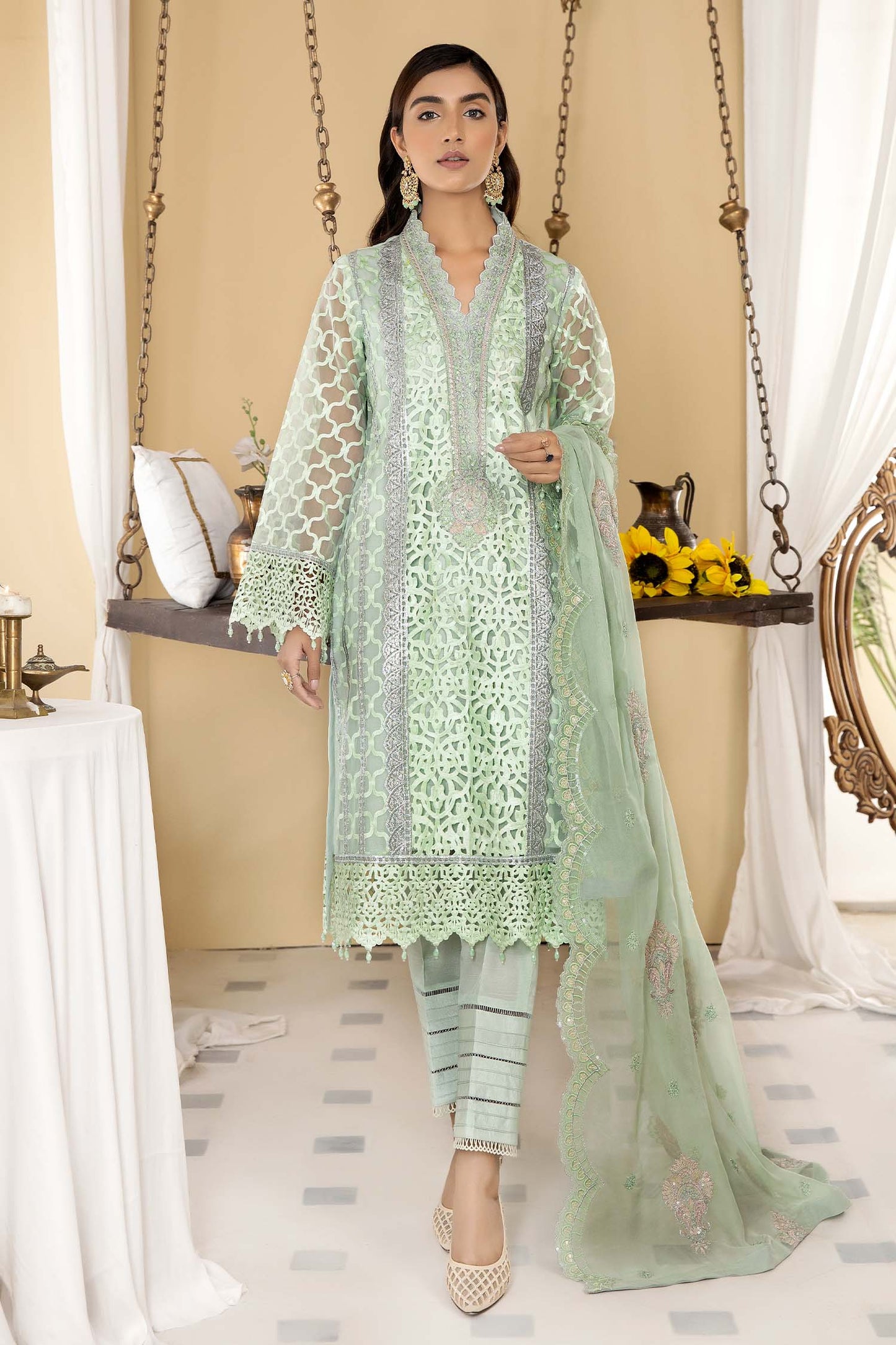 Green White - Stitched Embroidered Organza