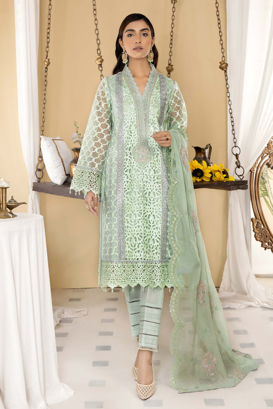 Green White - Stitched Embroidered Organza