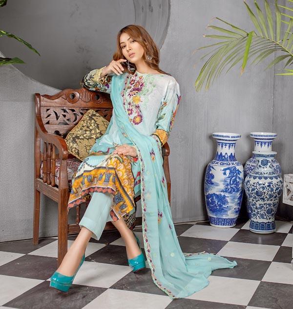 Carulean - Digital Printed Embroidered Lawn With Chiffon Dupatta