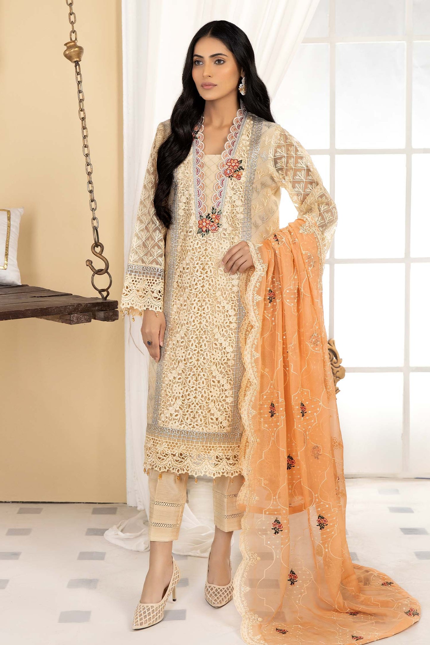 Dairy Cream - Stitched Embroidered Organza