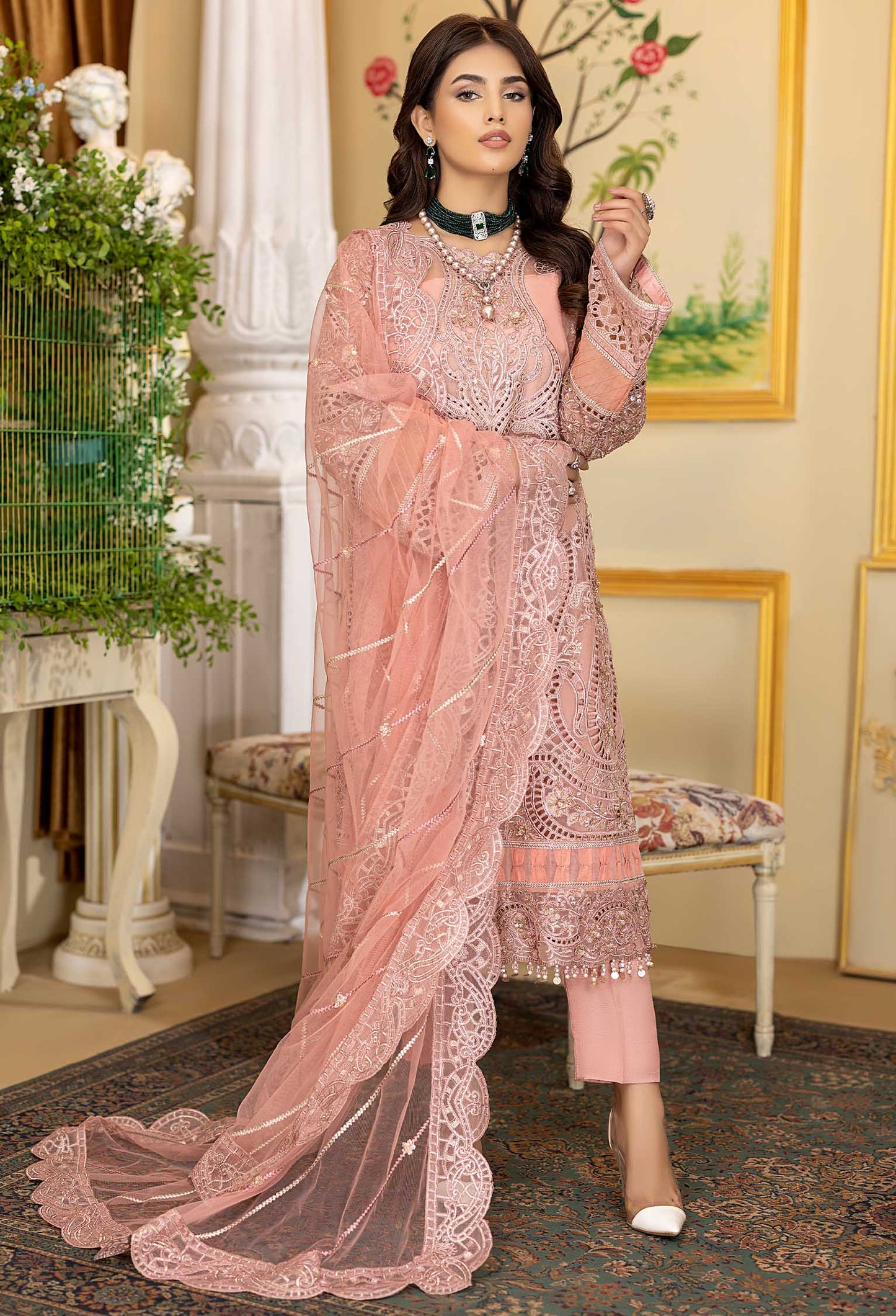 Pink Rosea - Embroidered Organza Stitched