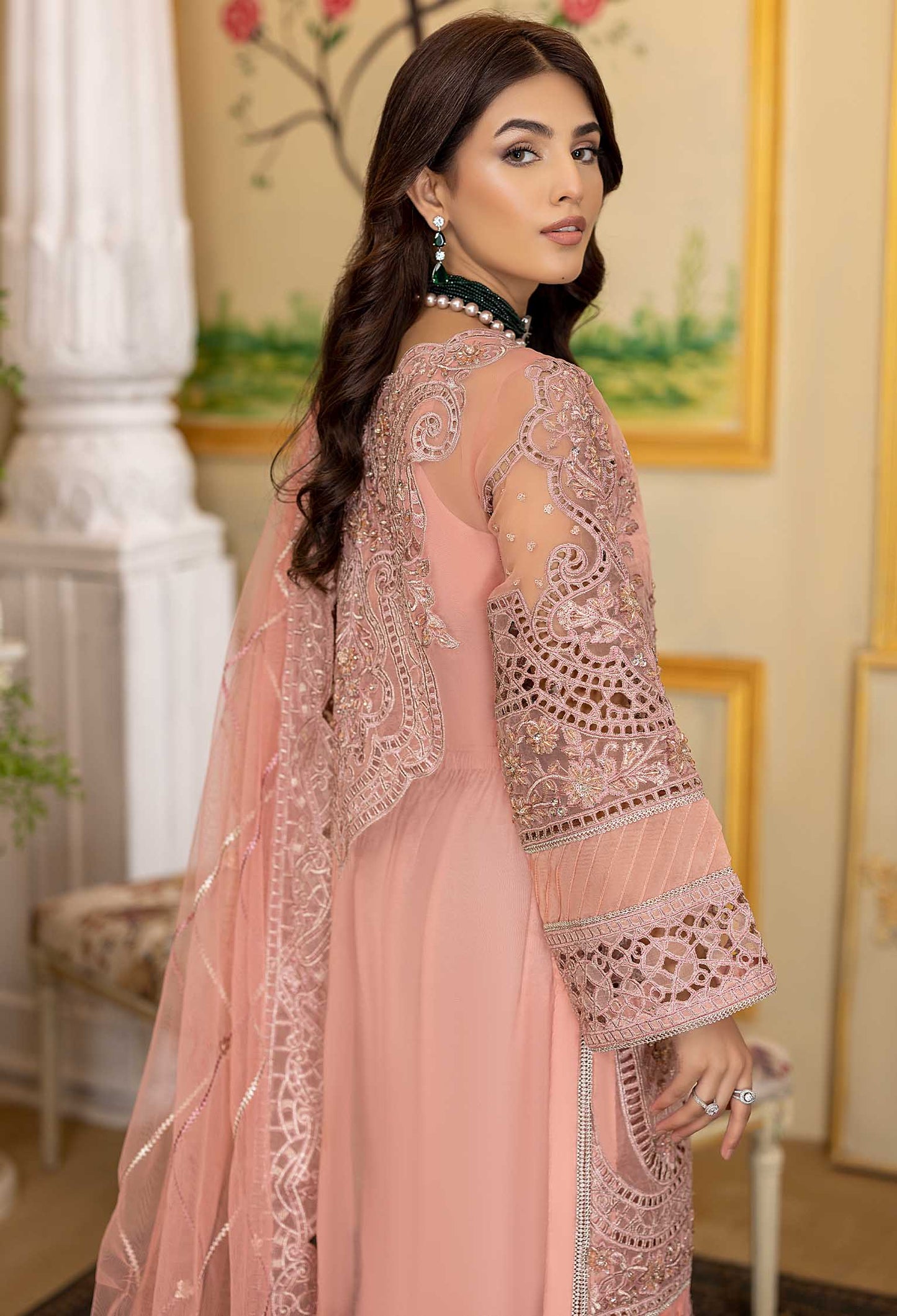 Pink Rosea - Embroidered Organza Stitched