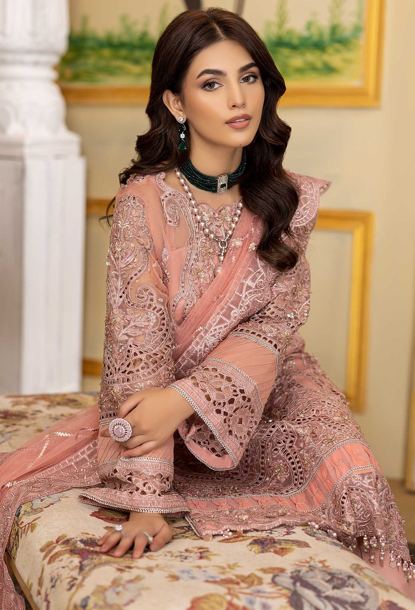 Pink Rosea - Embroidered Organza Stitched