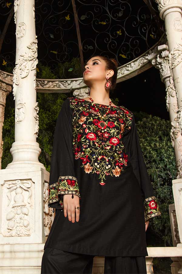 Erubescent Black - Premium Embroidered Jacquard Unstiched Lawn Kurti