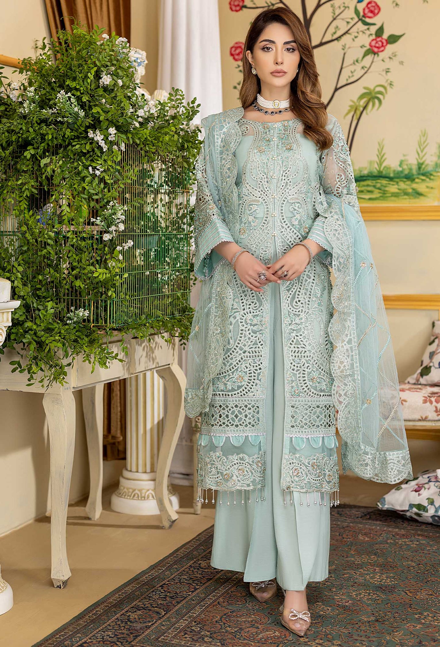 Skyblue Daisy - Embroidered Organza