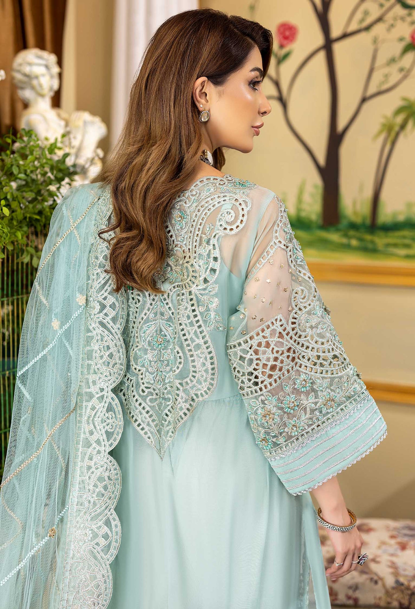 Skyblue Daisy - Embroidered Organza