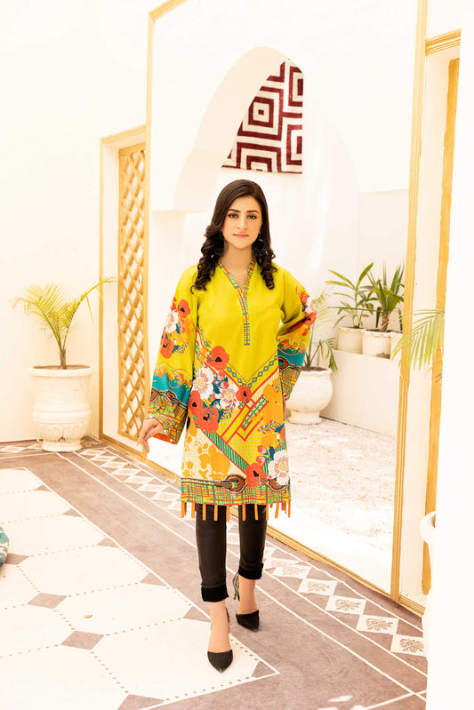 Lime Yellow - Digital Printed Stitched Lawn Kurti