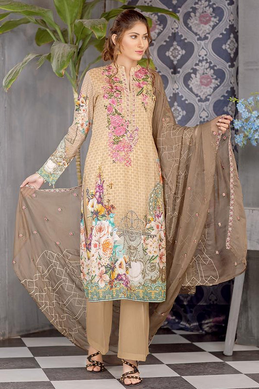 Carob - Digital Printed Embroidered Lawn With Chiffon Dupatta