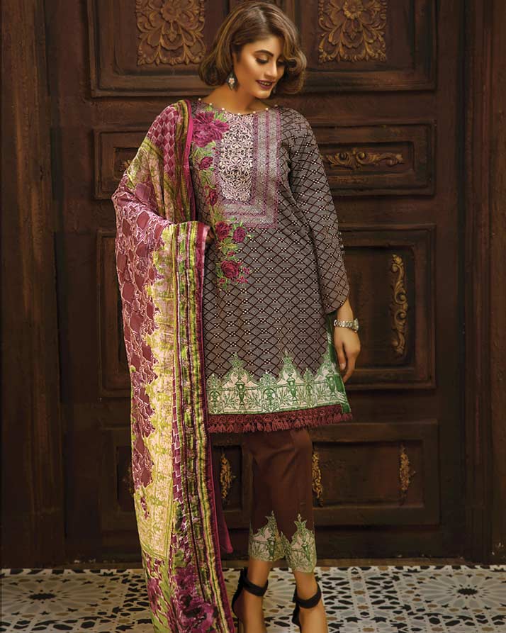 BROWN - Printed & Embroidered Khaddar With Plush Shawl