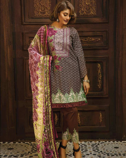 BROWN - Printed & Embroidered Khaddar With Plush Shawl