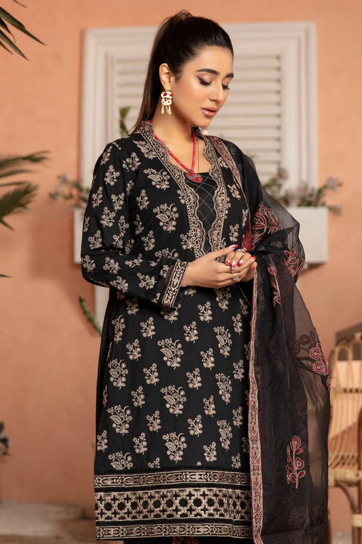 Dark Salmon - Embroidered Lawn Stitched 3PC