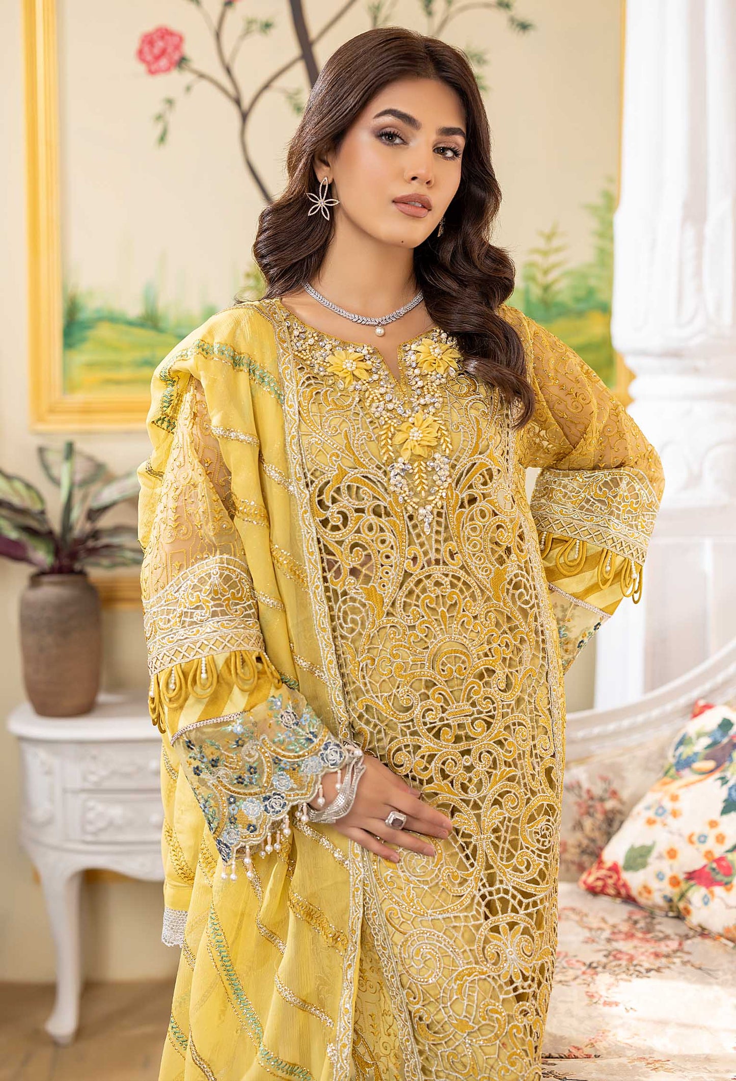 Crystal Lime - Embroidered Organza