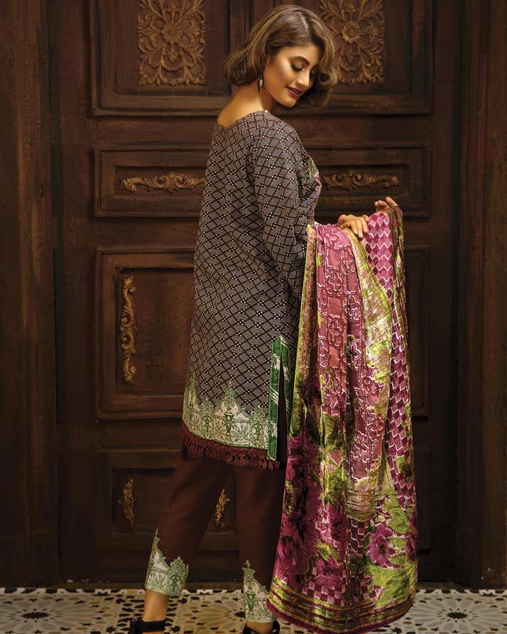BROWN - Printed & Embroidered Khaddar With Plush Shawl