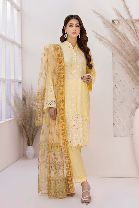 Pale Goldenrod - Schiffli Embroidered Linen 3PC Pret