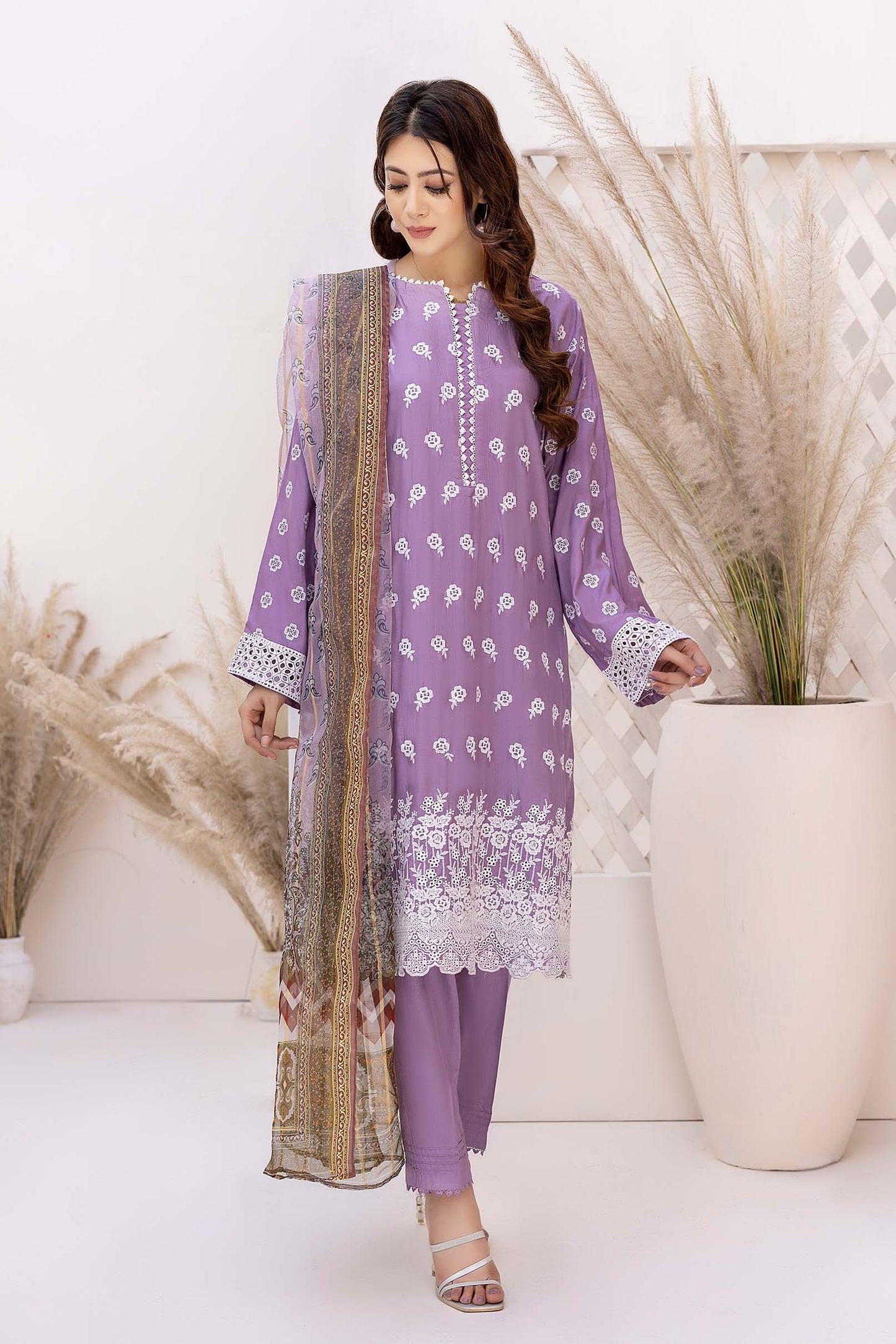 Bright Lavender - Schiffli Embroidered Linen 3PC Pret