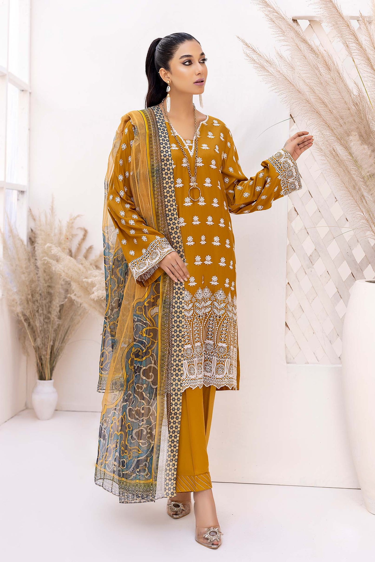 Vivid Orange - Schiffli Embroidered Linen 3PC Pret