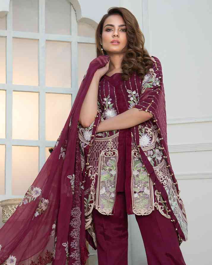 Burgundy Desire (Embroidered Chiffon 3 Piece)