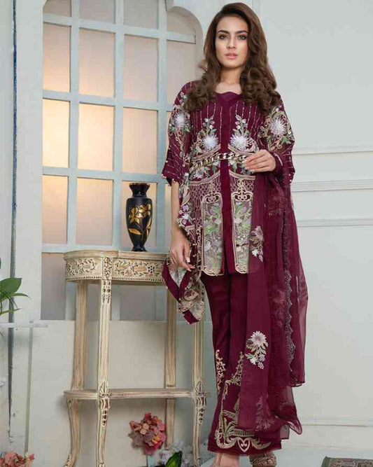 Burgundy Desire (Embroidered Chiffon 3 Piece)