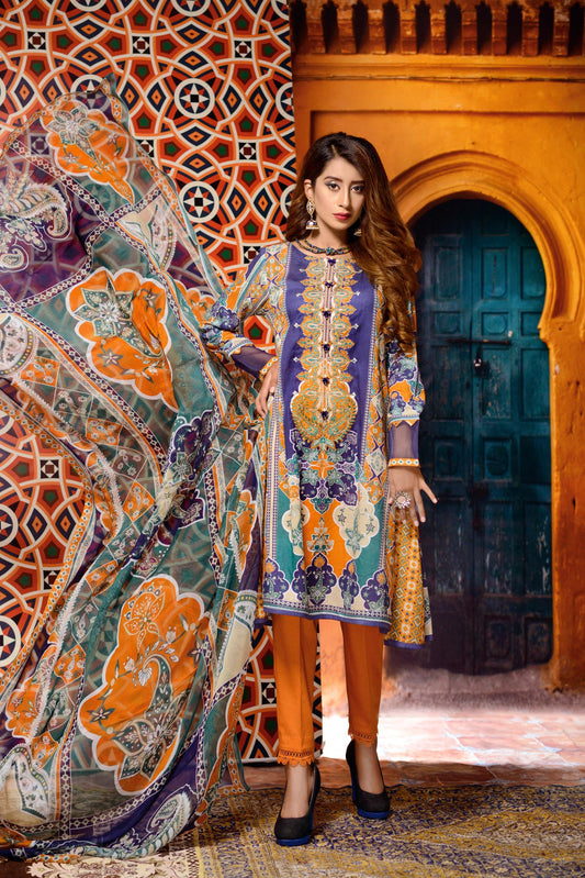 Clover - Digital Printed and Embroidered Lawn 3PC