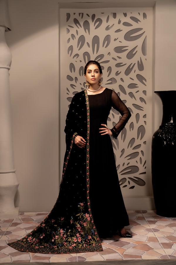 Black Iris - Embroidered Velvet Shawl