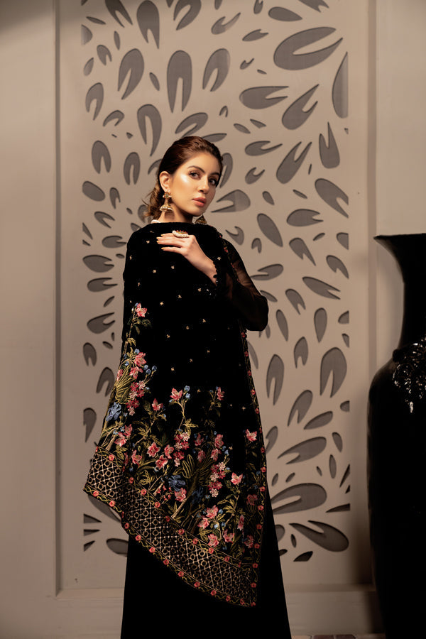 Black Iris - Embroidered Velvet Shawl