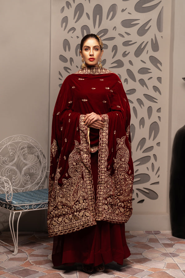 Burgundy - Embroidered Velvet Shawl