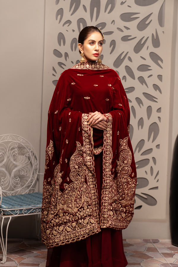 Burgundy - Embroidered Velvet Shawl