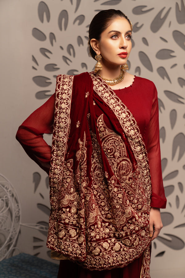 Burgundy - Embroidered Velvet Shawl