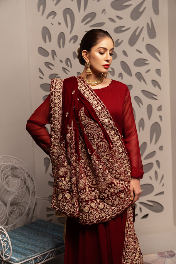 Burgundy - Embroidered Velvet Shawl