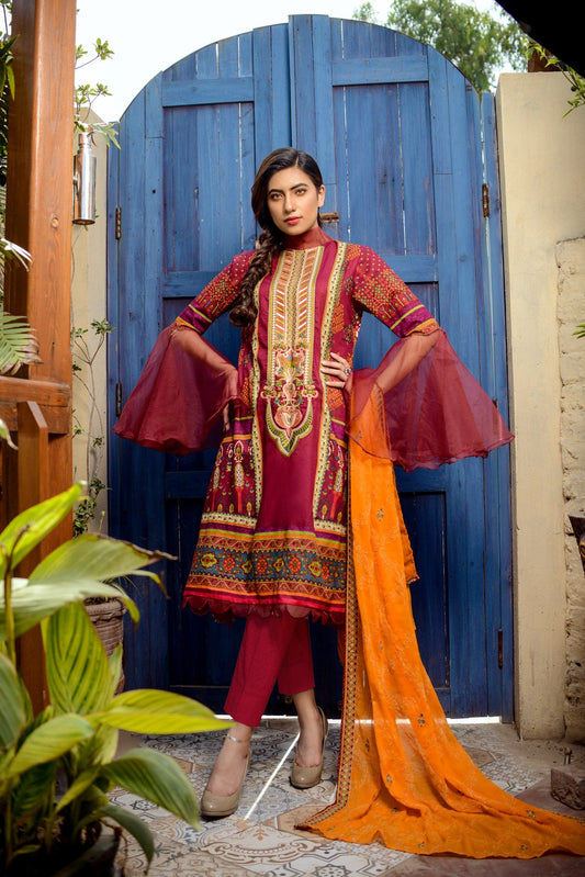 cherry - Printed and Embroidered Lawn 3PC