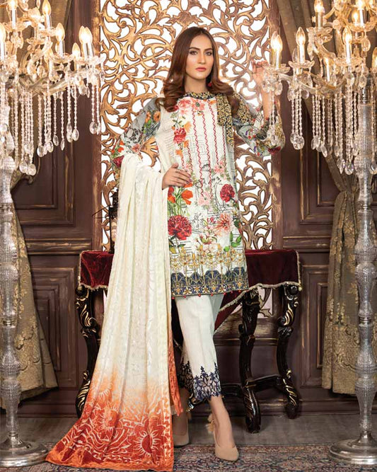 Ecru White-Printed & Embroidered Khaddar With Plush Shawl