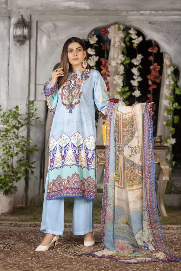 Icy Blue - Digital Printed & Embroidered Viscose