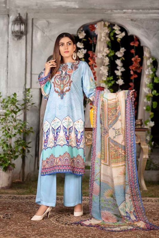 Icy Blue - Digital Printed & Embroidered Viscose