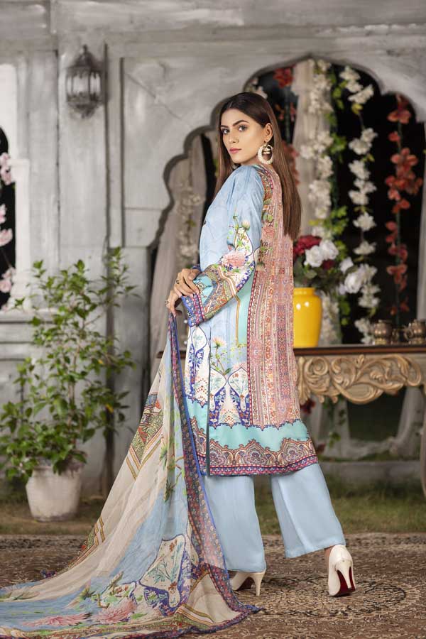 Icy Blue - Digital Printed & Embroidered Viscose