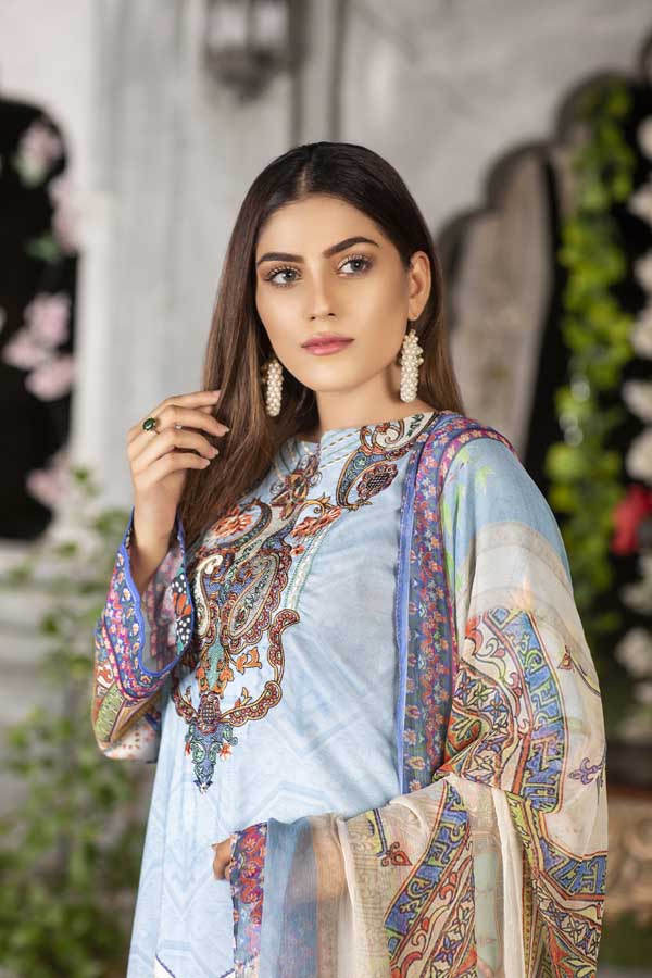 Icy Blue - Digital Printed & Embroidered Viscose