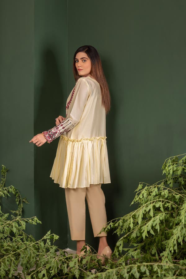 Cream - Embroidered Lawn Stitch Shirt