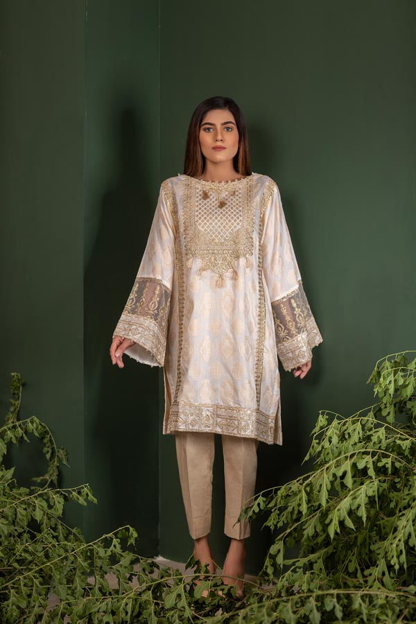 Latte - Jacquard Embroidered Unstitch 2 Piece