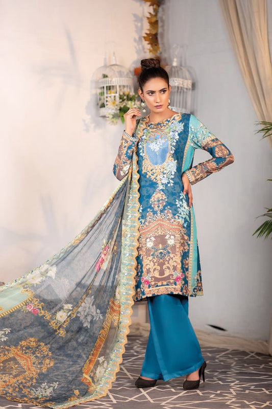 Cobalt - Digital Embroidered Karandi